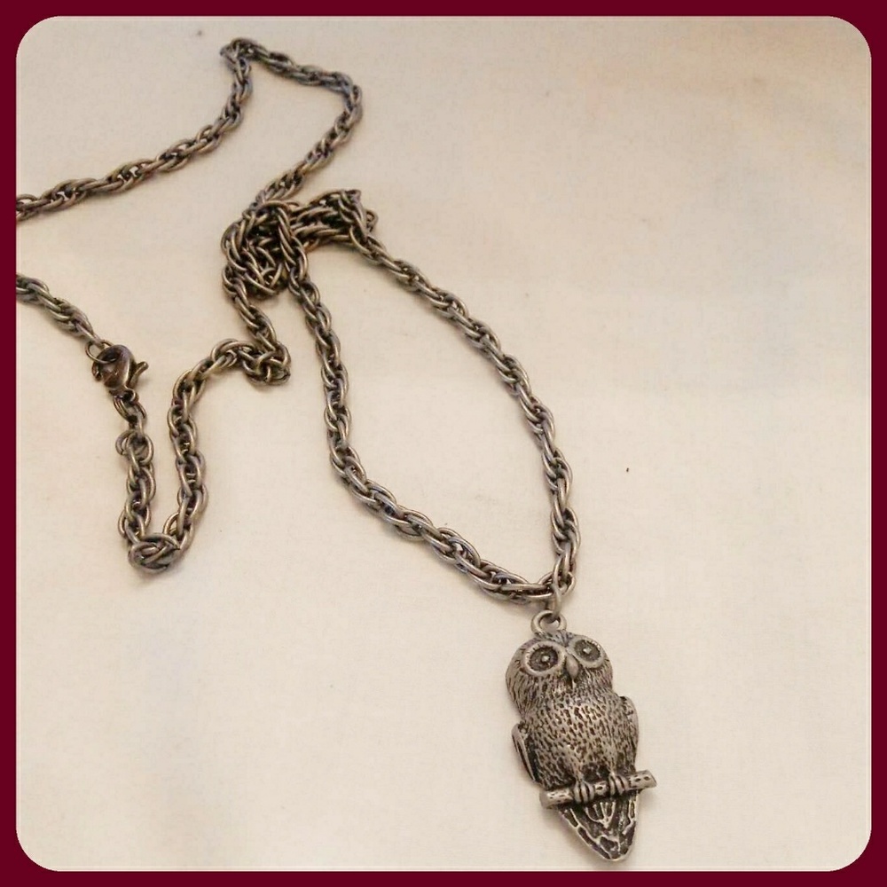 Antique Silver Perched Owl Necklace